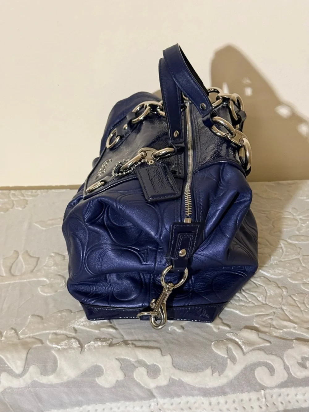 Coach Ashley Embossed Leather Satchel Cobalt Blue Signature Carryall Bag - Picture 5 of 10